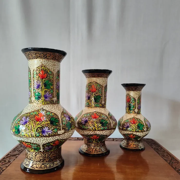 Set of 3 Kashmiri Paper Machie Flower Vases - Hand Painted Phooldaan - Image 2