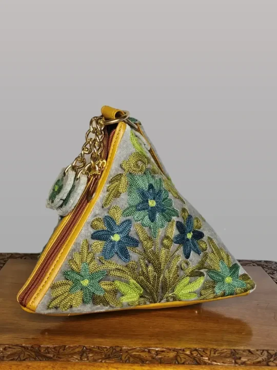 Kashmiri Triangle Potli Bag in Grey with Aari Work - Pahalgam Collection