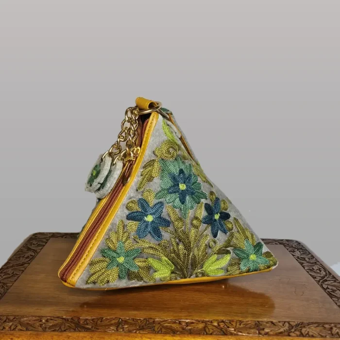 Kashmiri Triangle Potli Bag in Grey with Aari Work - Pahalgam Collection