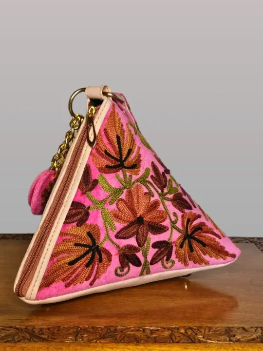 Kashmiri Triangle Potli Bag with Arm Handle - Aari Motifs in Pink | Pahalgam