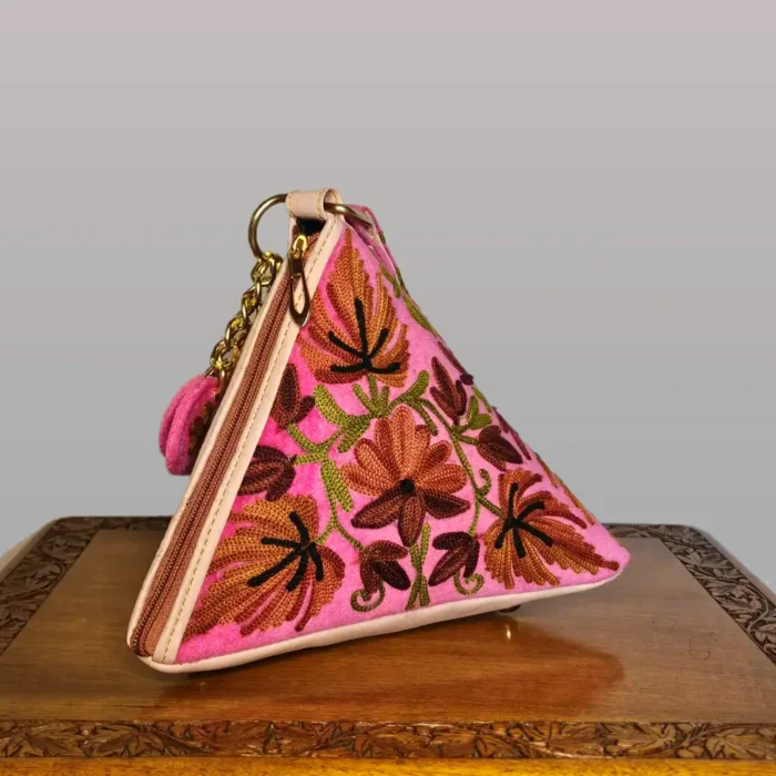 Kashmiri Triangle Potli Bag with Arm Handle - Aari Motifs in Pink | Pahalgam