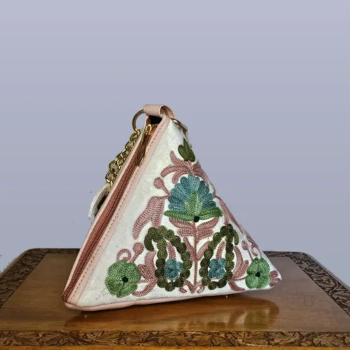Kashmiri White Triangle Potli Bag with Aari Embroidery - Pahalgam Collection
