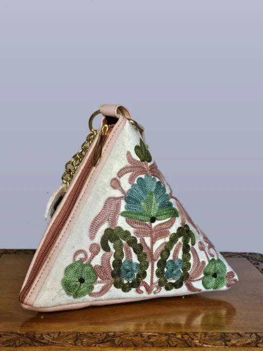 Kashmiri White Triangle Potli Bag with Aari Embroidery - Pahalgam Collection