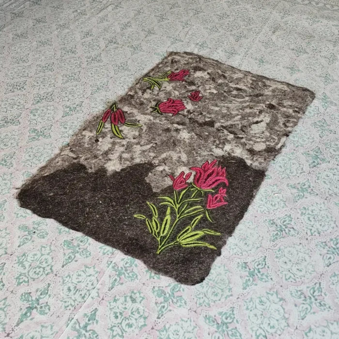Black Rectangular Kashmiri Namda Rug in Premium Sheep Wool – 3x2 ft | Tulip Embroidery - Image 5
