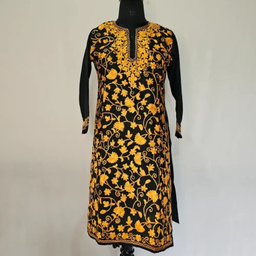 Kashmiri Black Cotton Kurti With All Over Jaal Ari Embroidery - Dal Jheel