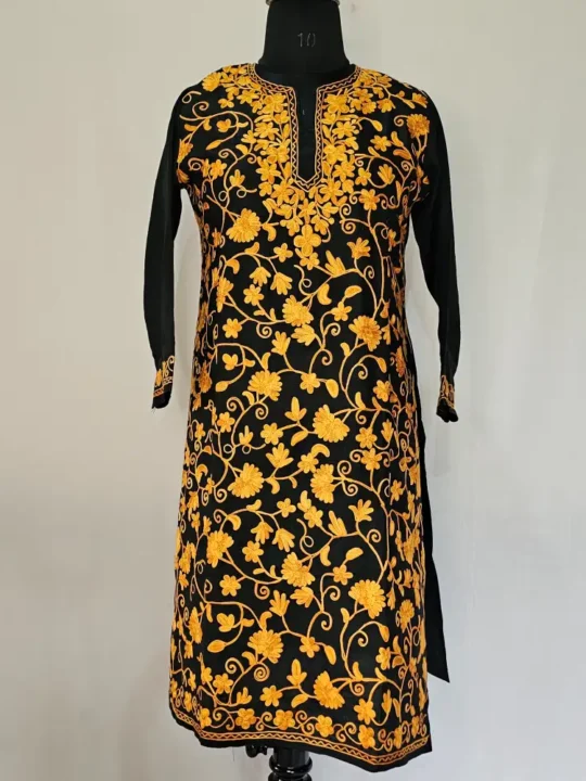 Kashmiri Black Cotton Kurti With All Over Jaal Ari Embroidery - Dal Jheel