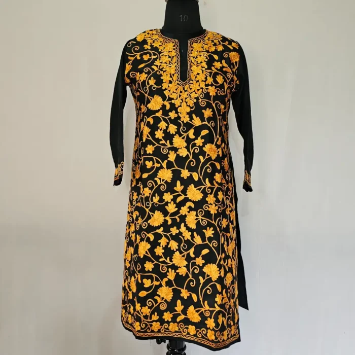 Kashmiri Black Cotton Kurti With All Over Jaal Ari Embroidery - Dal Jheel