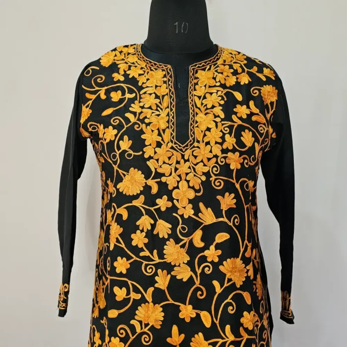 Kashmiri Black Cotton Kurti With All Over Jaal Ari Embroidery - Dal Jheel - Image 2
