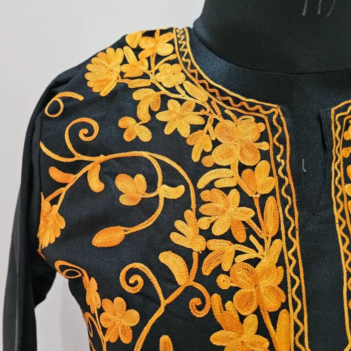 Kashmiri Black Cotton Kurti With All Over Jaal Ari Embroidery - Dal Jheel - Image 3
