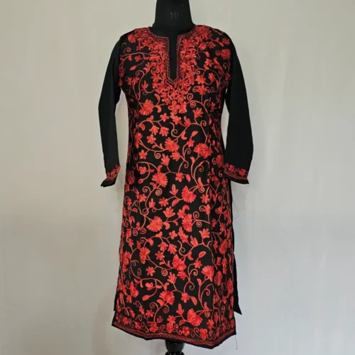 Black Kashmiri Cotton Kurti With All Over Jaal Ari Embroidery - Dal Jheel