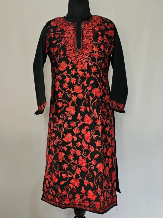 Black Kashmiri Cotton Kurti With All Over Jaal Ari Embroidery - Dal Jheel