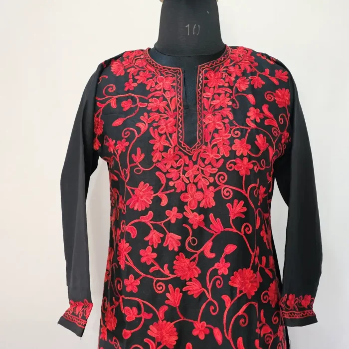 Black Kashmiri Cotton Kurti With All Over Jaal Ari Embroidery - Dal Jheel - Image 2