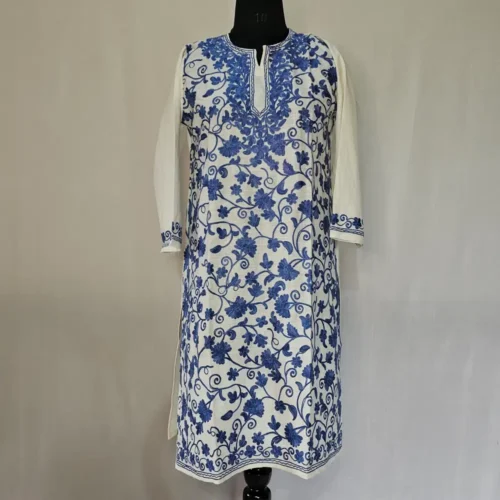 Kashmiri White Cotton Kurti With All Over Jaal Ari Embroidery - Dal Jheel