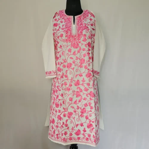 White Color Kashmiri Cotton Kurti With All Over Jaal Ari Embroidery - Dal Jheel