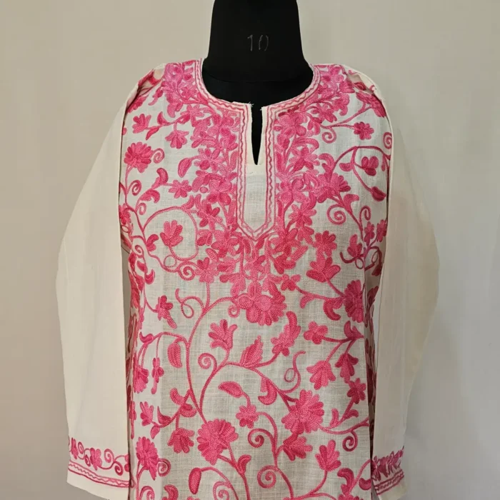 White Color Kashmiri Cotton Kurti With All Over Jaal Ari Embroidery - Dal Jheel - Image 2