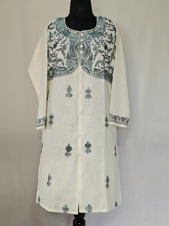 Kashmiri Designer Kurti in White With Aari Embroidery -Dal Jheel