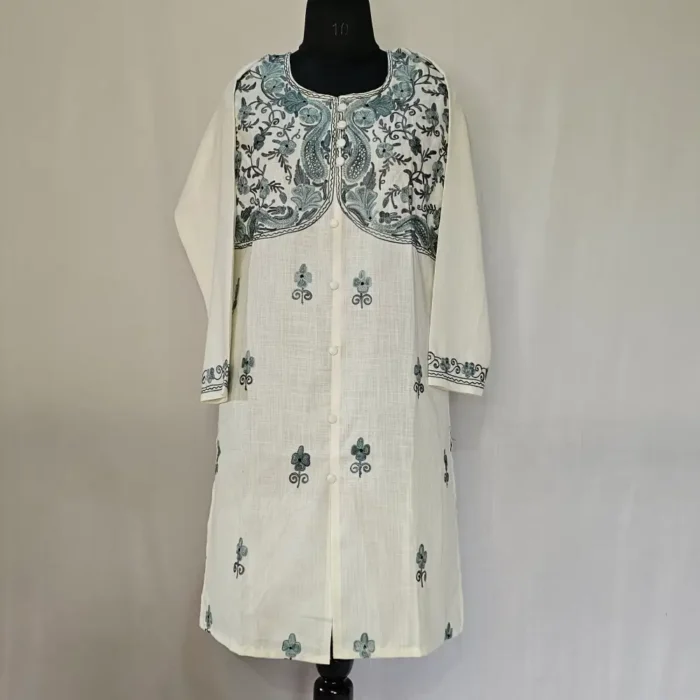 Kashmiri Designer Kurti in White With Aari Embroidery -Dal Jheel