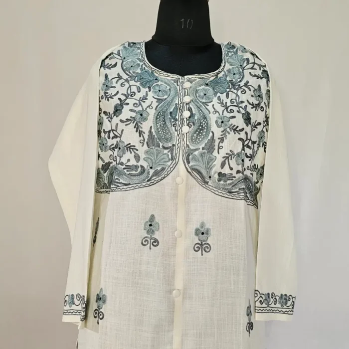 Kashmiri Designer Kurti in White With Aari Embroidery -Dal Jheel - Image 2