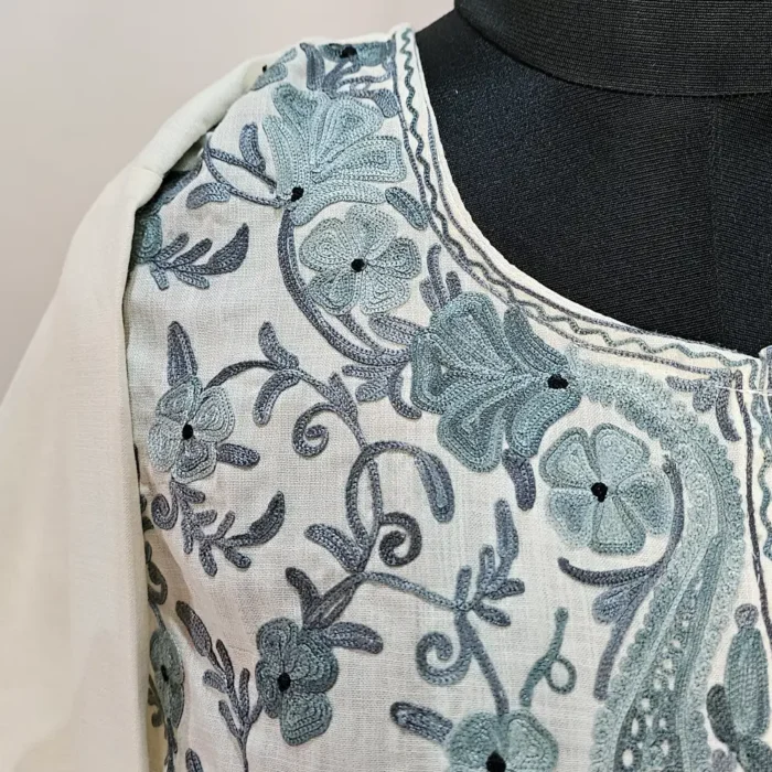 Kashmiri Designer Kurti in White With Aari Embroidery -Dal Jheel - Image 3