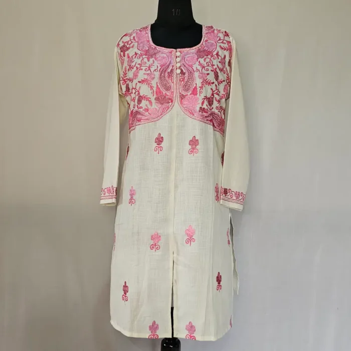 White Kashmiri Designer Kurti With Aari Embroidery -Dal Jheel