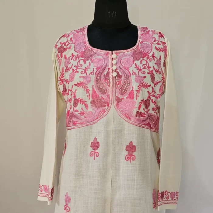White Kashmiri Designer Kurti With Aari Embroidery -Dal Jheel - Image 2
