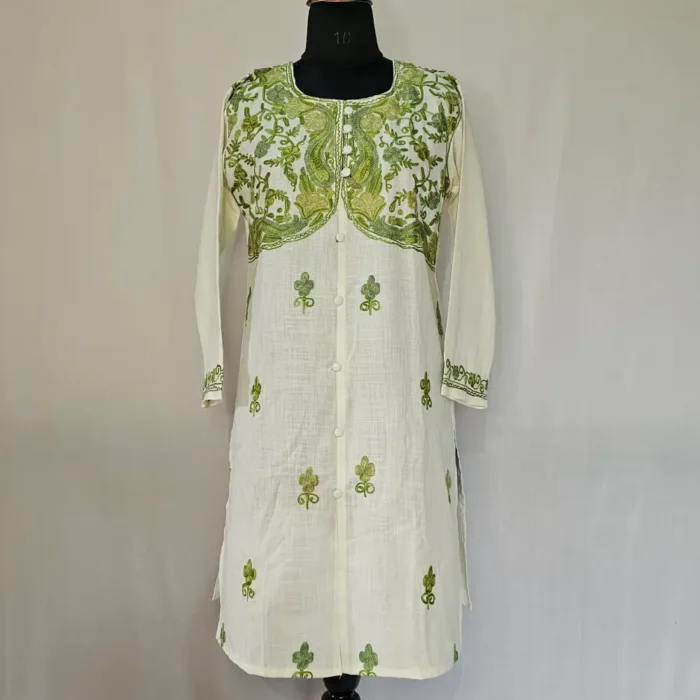 Kashmiri White Color Designer Kurti With Aari Embroidery -Dal Jheel