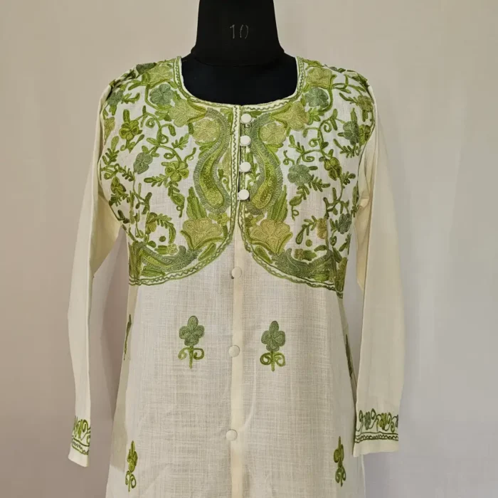 Kashmiri White Color Designer Kurti With Aari Embroidery -Dal Jheel - Image 3
