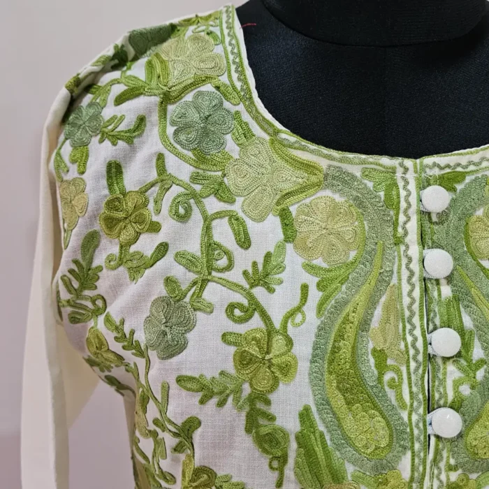 Kashmiri White Color Designer Kurti With Aari Embroidery -Dal Jheel - Image 2