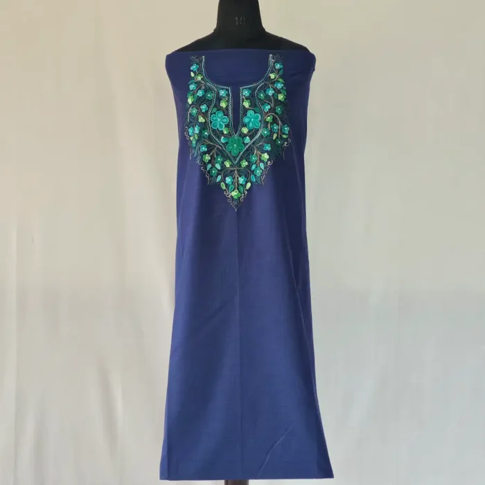 Dark Blue Kashmiri Cotton Suit Fabric 2PC With Aari Embroidered Neck - Zohra - Image 2