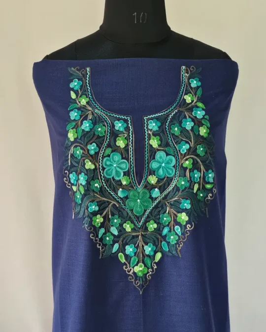 Dark Blue Kashmiri Cotton Suit Fabric 2PC With Aari Embroidered Neck - Zohra
