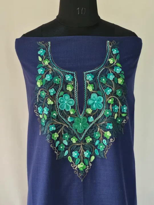 Dark Blue Kashmiri Cotton Suit Fabric 2PC With Aari Embroidered Neck - Zohra