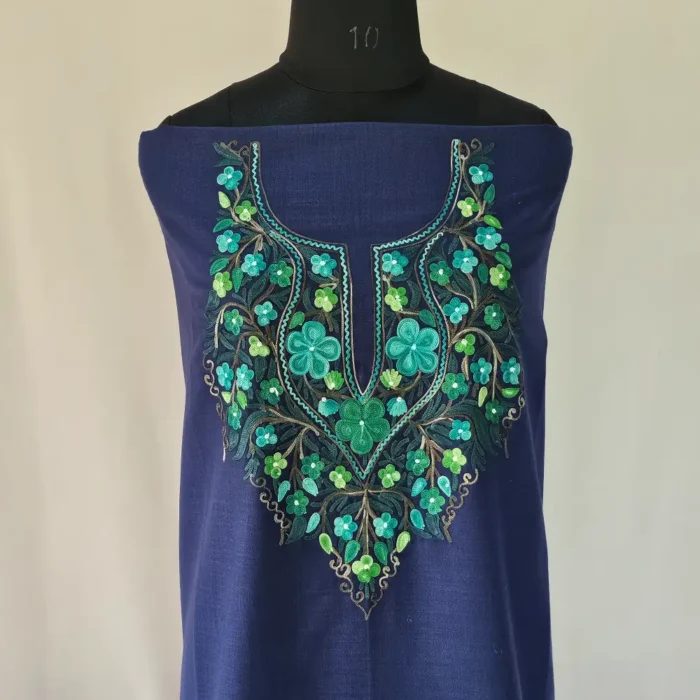 Dark Blue Kashmiri Cotton Suit Fabric 2PC With Aari Embroidered Neck - Zohra
