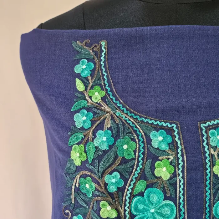 Dark Blue Kashmiri Cotton Suit Fabric 2PC With Aari Embroidered Neck - Zohra - Image 3