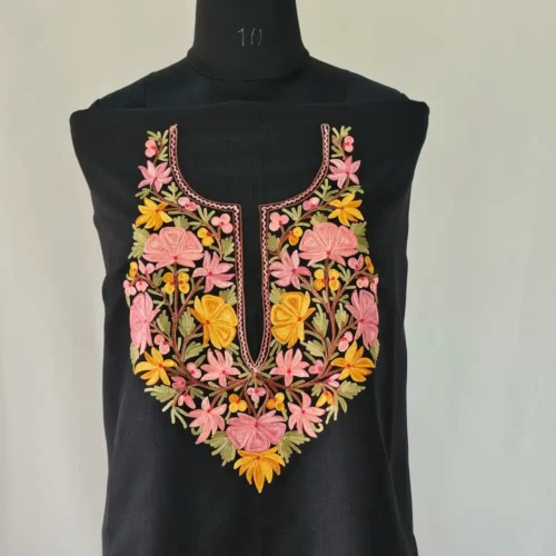Black Kashmiri Cotton Suit Fabric 2PC With Aari Embroidered Neck - Zohra