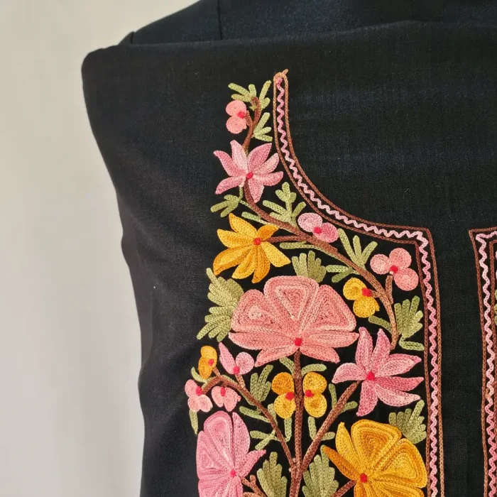 Black Kashmiri Cotton Suit Fabric 2PC With Aari Embroidered Neck - Zohra - Image 3