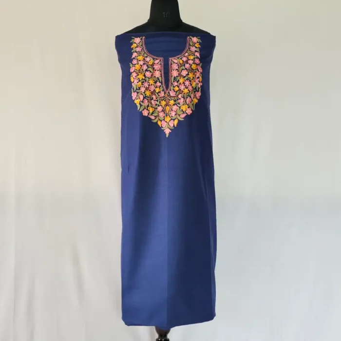 Kashmiri Dark Blue Cotton Suit Fabric 2PC With Aari Embroidered Neck - Zohra - Image 2