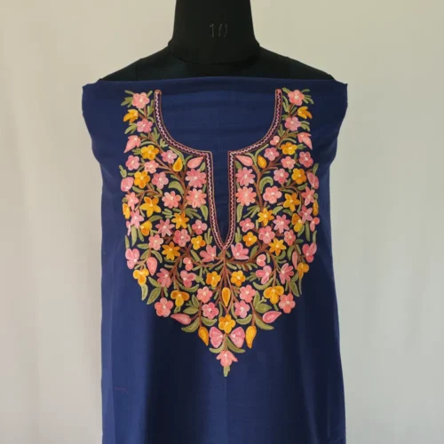 Kashmiri Dark Blue Cotton Suit Fabric 2PC With Aari Embroidered Neck - Zohra
