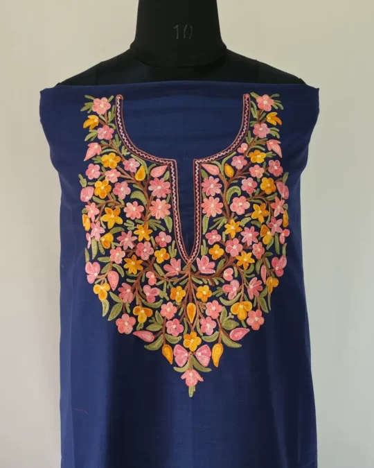 Kashmiri Dark Blue Cotton Suit Fabric 2PC With Aari Embroidered Neck - Zohra