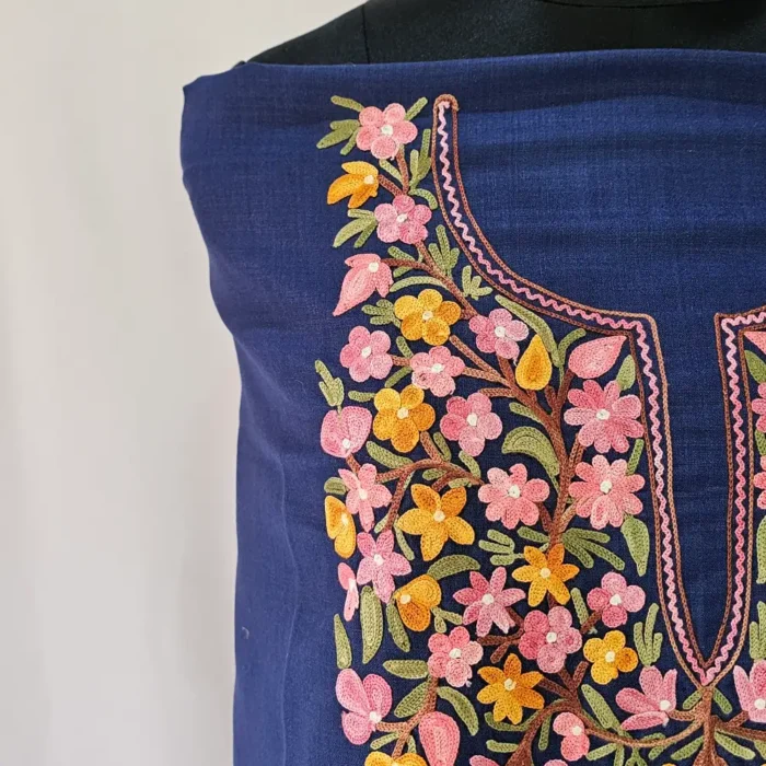 Kashmiri Dark Blue Cotton Suit Fabric 2PC With Aari Embroidered Neck - Zohra - Image 3
