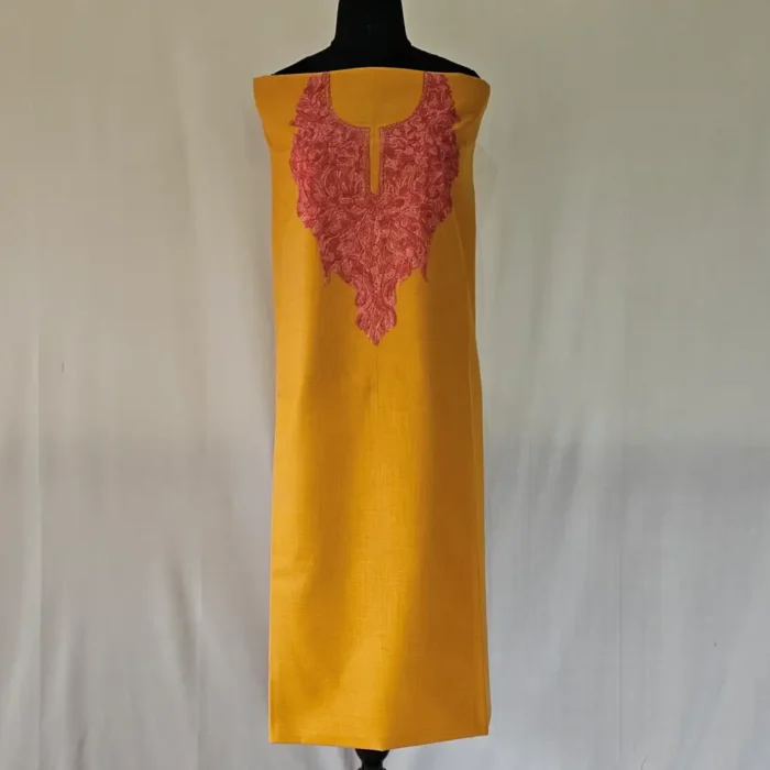 Mustard Color Kashmiri Cotton Suit Fabric 2PC With Aari Embroidered Neck - Zohra - Image 2