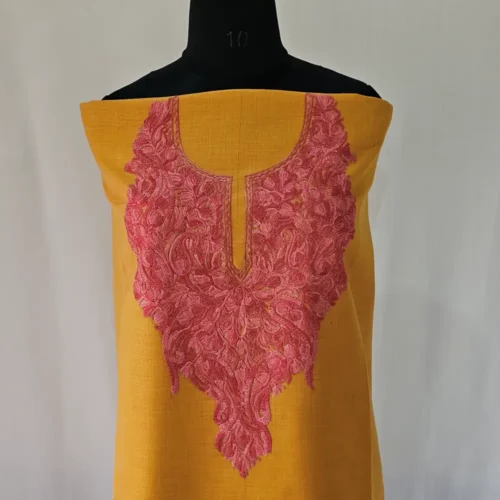 Mustard Color Kashmiri Cotton Suit Fabric 2PC With Aari Embroidered Neck - Zohra