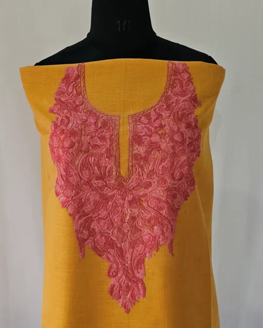 Mustard Color Kashmiri Cotton Suit Fabric 2PC With Aari Embroidered Neck - Zohra