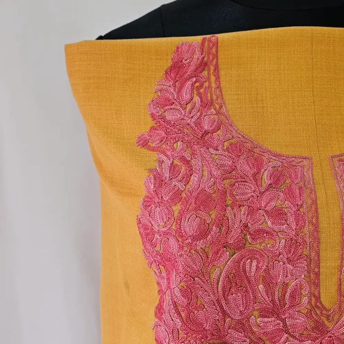 Mustard Color Kashmiri Cotton Suit Fabric 2PC With Aari Embroidered Neck - Zohra - Image 3