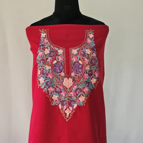 Maroon Kashmiri Cotton Suit Fabric 2PC With Aari Embroidered Neck - Zohra