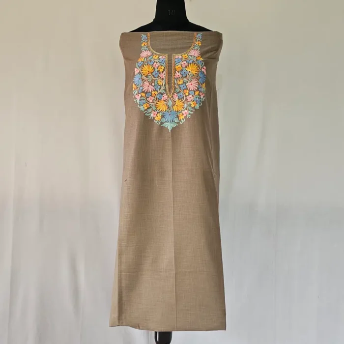 Beige Kashmiri Cotton Suit Fabric 2PC With Aari Embroidered Neck - Zohra - Image 2