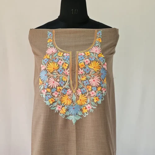 Beige Kashmiri Cotton Suit Fabric 2PC With Aari Embroidered Neck - Zohra