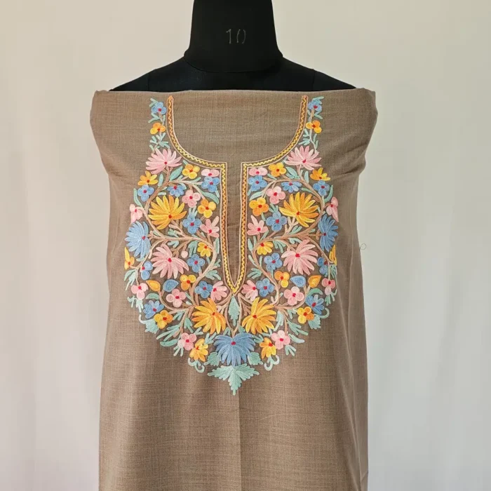 Beige Kashmiri Cotton Suit Fabric 2PC With Aari Embroidered Neck - Zohra