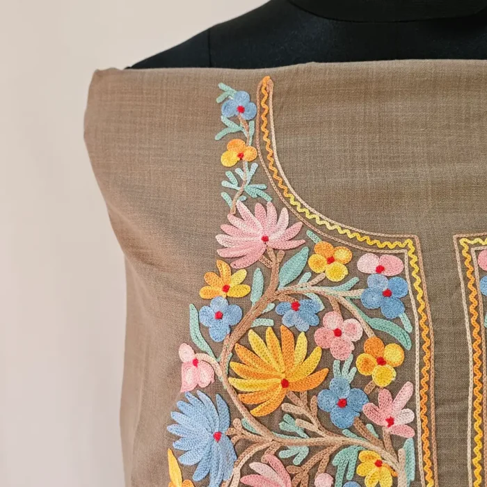 Beige Kashmiri Cotton Suit Fabric 2PC With Aari Embroidered Neck - Zohra - Image 3
