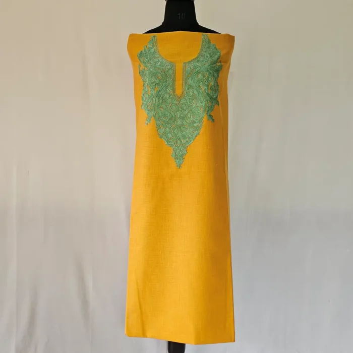 Kashmiri Mustard Cotton Suit Fabric 2PC With Aari Embroidered Neck - Zohra - Image 2
