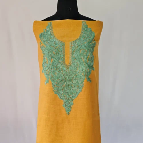 Kashmiri Mustard Cotton Suit Fabric 2PC With Aari Embroidered Neck - Zohra